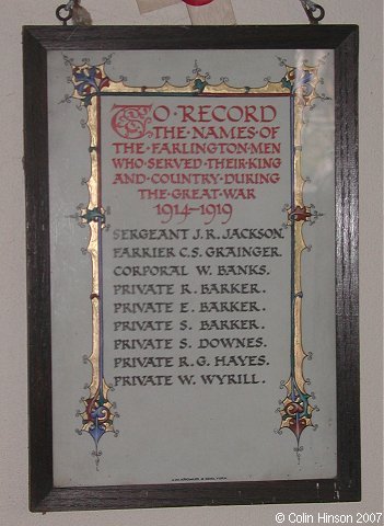 The Memorial Plaque in St. Leonard's Church, Farlington.