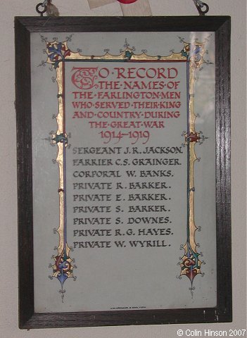 The Memorial plaque in St. Leonard's Church, Farlington.