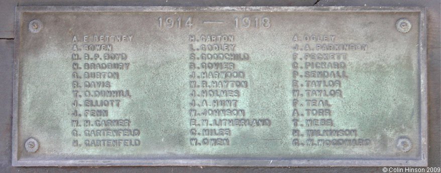 The World War I Memorial plaque in the porch at St. Felix's Church, Felixkirk.