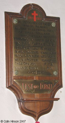 The War Memorial plaque in St. Mary's Church, Gate Helmsley.
