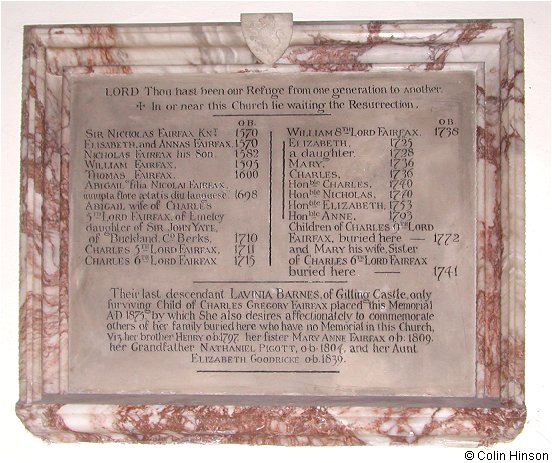 The Fairfax family Memorial plaque in Holy Cross Church, Gilling East.