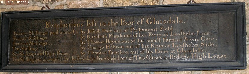 The list of benefactions in St. Thomas's Church Porch, Glaisdale.