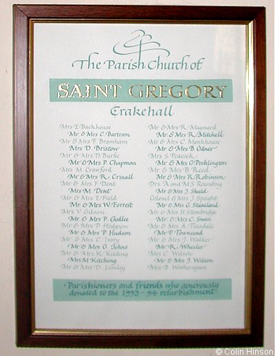 The list of those who generously donated to the refurbishment of St. Cuthbert's Church, Great Crakehall in 1993-4.