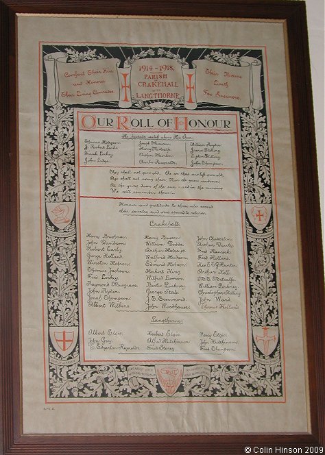 The World War I Roll of Honour in St. Gregory's Church, Great Crakehall.