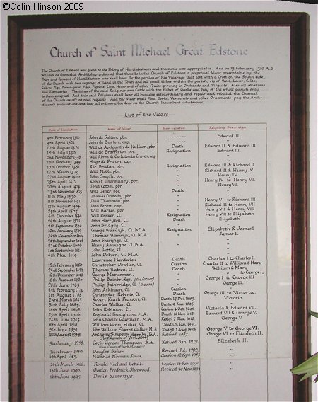 The List of Vicars in St. Michael's Church, Great Edstone.