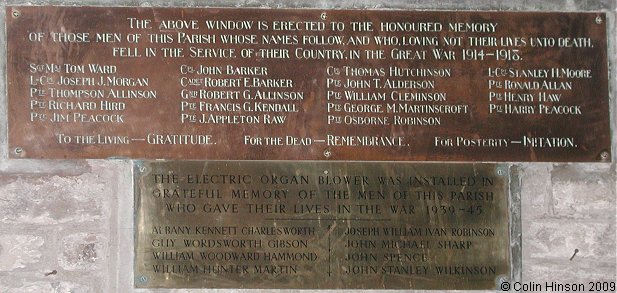 The World War I and II Memorial plaques in St. Andrew's Church, Grinton.