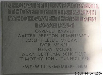 The World War II Memorial plaque in St. Hilda's Church, Egton.