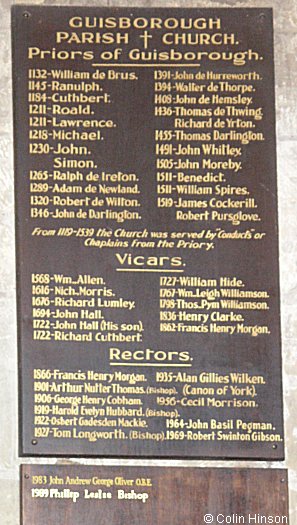 The list of incumbents in St. Nicholas's Church, Guisborough.