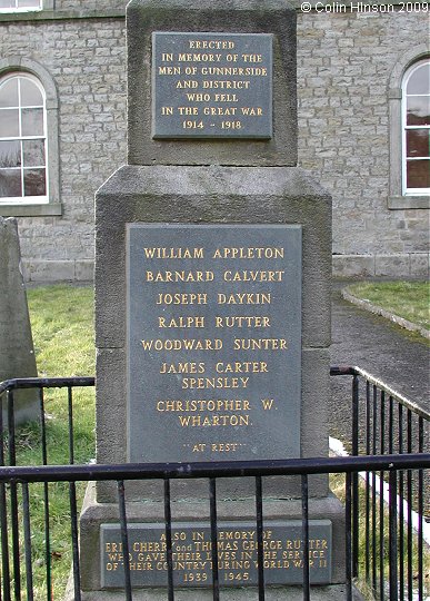 The World War I and II War Memorial in front of the Wesleyan Church, Gunnerside.