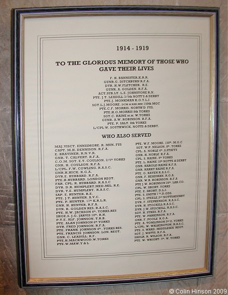 The World War I Memorial plaque and Roll of Honour in St. Peter's Church, Hackness.