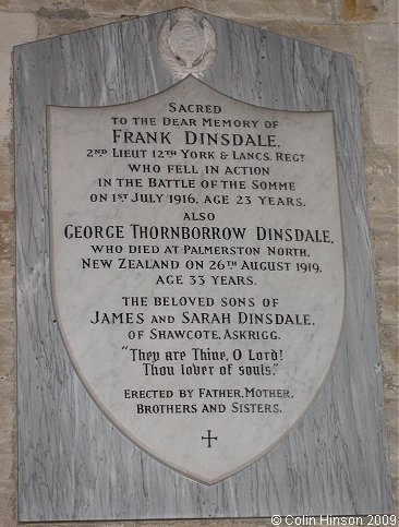 The Dinsdale memorial plaque in St. Mary's Church, Hardraw.