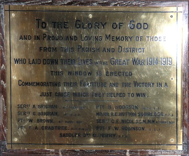 The World War I Memorial Plaque on St. Mary's Church, Hornby.