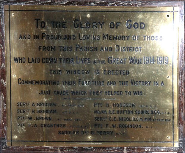 The World War I Memorial plaque on St. Mary's Church, Hornby.