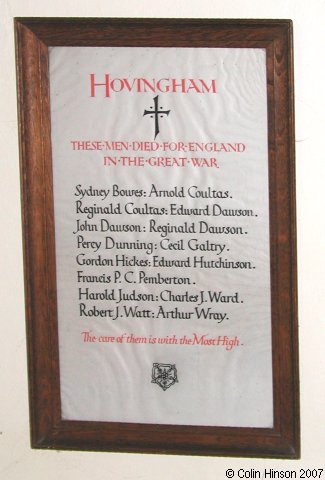 The War Memorial plaque in All Saints Church, Hovingham.