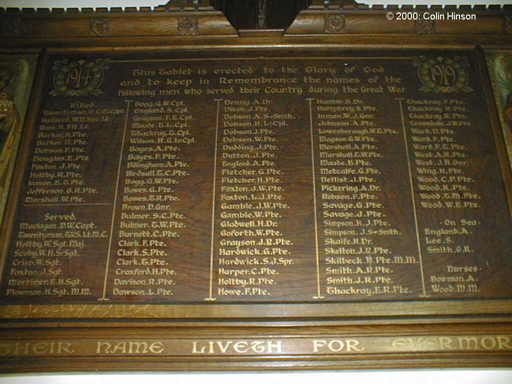 The 1914-19 Memorial plaque in Kirby Misperton Church.