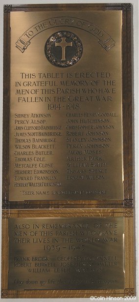 The World War I and II Memorial plaques in St. Peter's Church, Kirby Hill.
