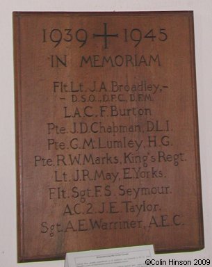 The World War II Memorial plaque in St. Mathew's Church, Leyburn.