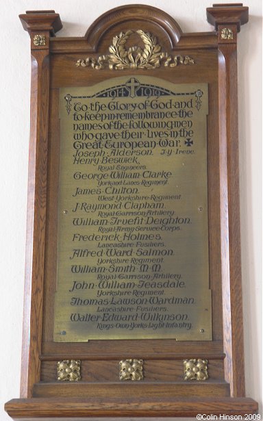 The World War I Memorial Plaque in St. Mathew's Church, Leyburn.