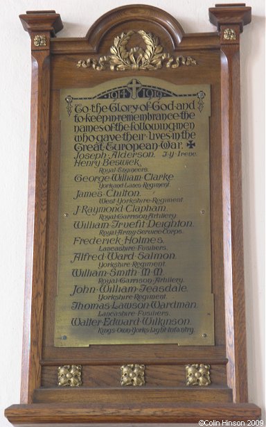 The World War I Memorial plaque in St. Mathew's Church, Leyburn.