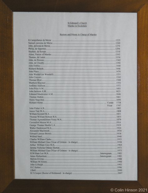 The list of the Incumbents of Marske in St. Edmund's Church.