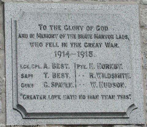 The 1914-18 Memorial plaque on the Mission Room wall at Marton.