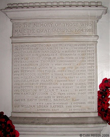 The World War I Memorial plaque in St. Akelda's Church, Middleham.