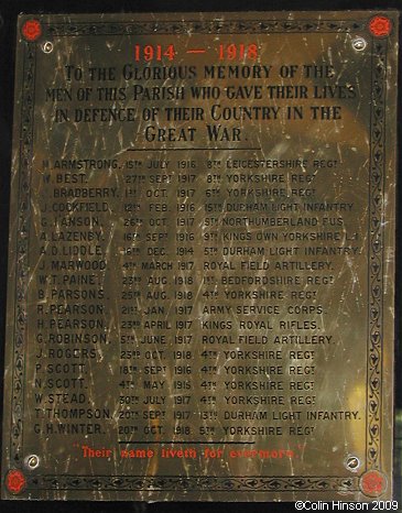 The World War I Memorial Plaque in St. Michael's Church, Middleton Tyas.