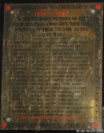 The World War I Memorial plaque in St. Michael's Church, Middleton Tyas.