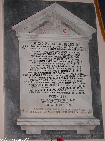 The Memorial plaque in All Saints Church, Newton on Ouse.