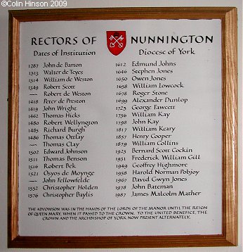 The List of Rectors in All Saints Church, Nunnington.