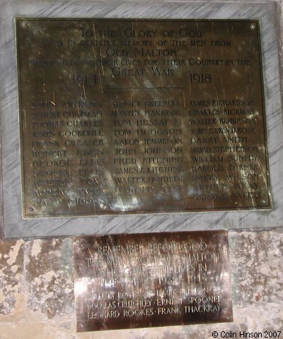 The Memorial plaque in St. Mary's Church, Old Malton.