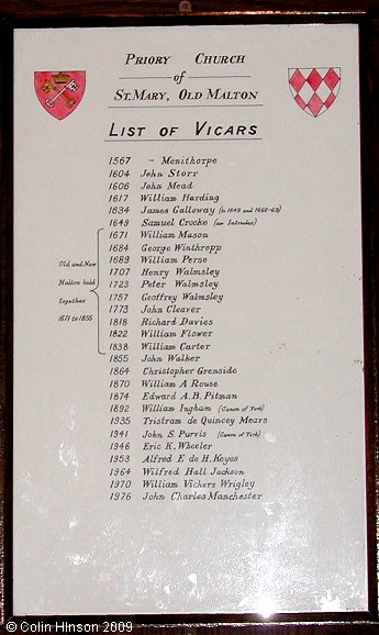The list of Vicars - on the wall inside St Marys Priory Church, Old Malton.