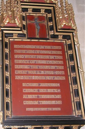 The World War I Memorial plaque in St. Oswald's Church, Oswaldkirk.
