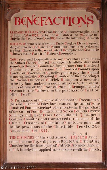 The Benefactions of Elizabeth Elsley in St. Patrick's Church, Patrick Brompton.