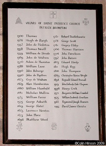 The List of Vicars in St. Patrick's Church, Patrick Brompton.