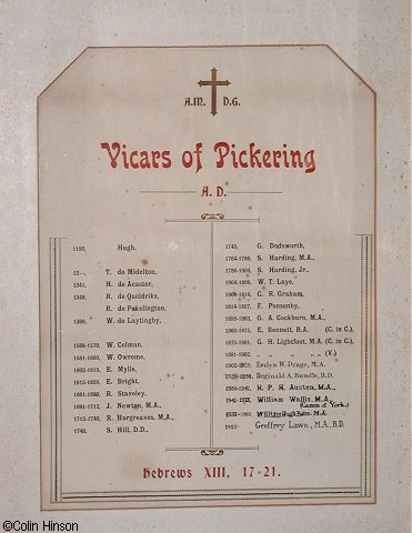 The List of Vicars in St. Peter and St. Paul's Church, Pickering.