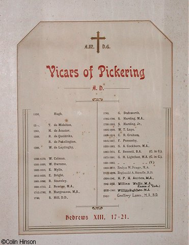 The List of Vicars in St. Peter and St. Paul's Church, Pickering.