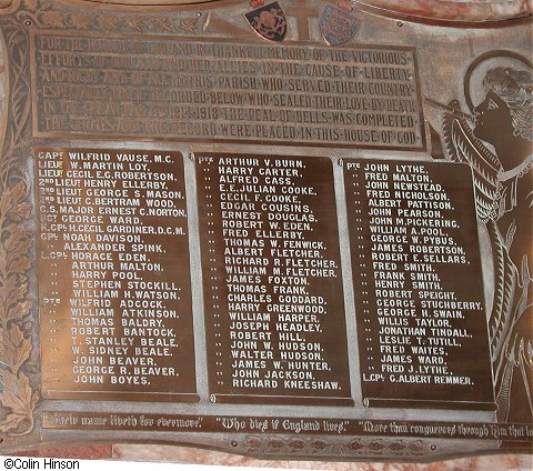 The 1914 to 1918 War Memorial plaque in St. Peter and St. Paul's Church, Pickering.