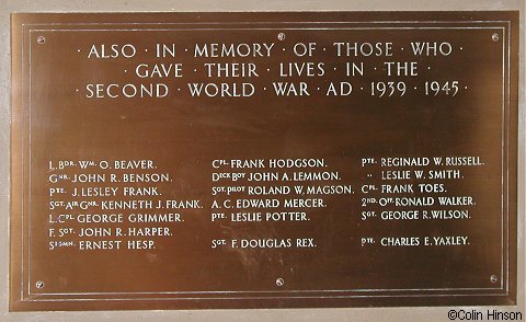 The 1939 to 1945 War Memorial Plaque in St. Peter and St. Paul's Church, Pickering.