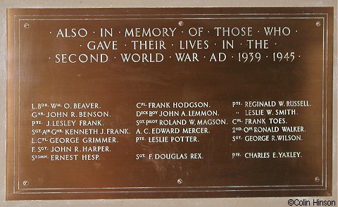 The 1939 to 1945 War Memorial plaque in St. Peter and St. Paul's Church, Pickering.