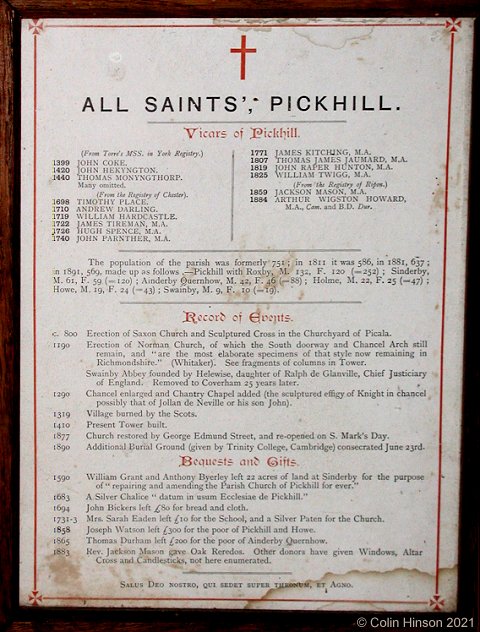 The list of the Vicars of Pickhill in All Saints Church.