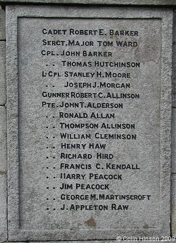 The World Wars I and II War Memorial on the green at Reeth.