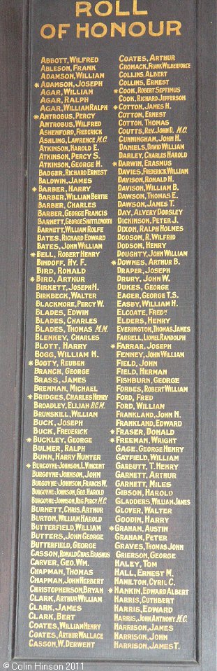 The World War I Roll of Honour in Emanuel Church, Saltburn by the sea.