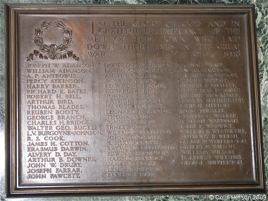 The World War I Memorial plaque in Emanuel Church, Saltburn by the Sea.