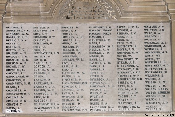 The World War I Memorial plaque in St. Mary's Church, Scarborough.