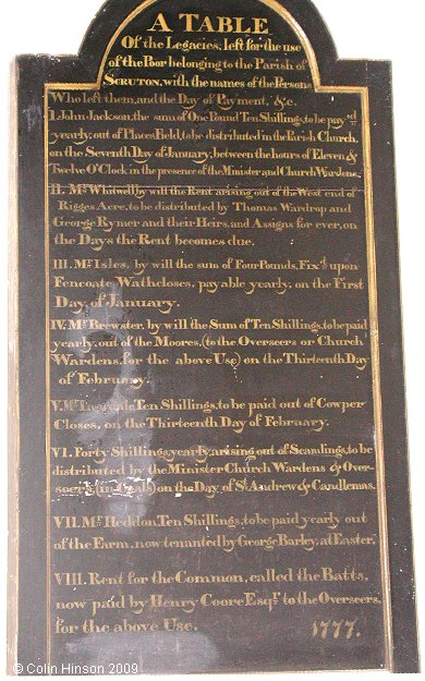 The table of Legacies for the use of the poor in St. Radegund's Church, Scruton.
