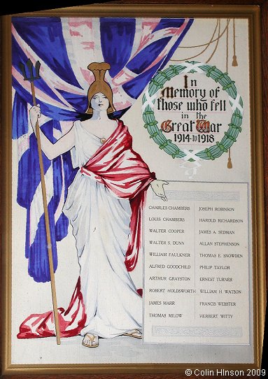 The World War I Memorial plaque in the Memorial Hall, Seamer (there is a similar plaque in the Church).