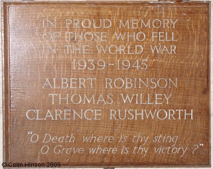 The World War II Memorial plaque in St. Martin's Church, Seamer.