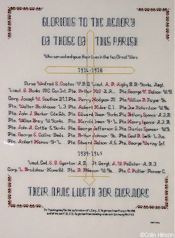 The War Memorial plaque in St. Helen's Church, Sheriff Hutton.