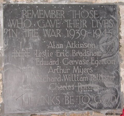 The 1939-1945 War Memorial plaque in St. Helen's Church, Sheriff Hutton.